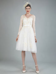 Short Wedding Dress Tulle Knee Length V Neck Long Sleeves A Line Natural Waist Bridal Gowns Exclusive