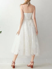 Short Wedding Dresd A Line Sweetheart Sleeveless Tea Length Tulle Bridal Dresses