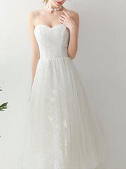 Short Wedding Dresd A Line Sweetheart Sleeveless Tea Length Tulle Bridal Dresses