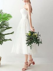 Short Wedding Dresd A Line Sweetheart Sleeveless Tea Length Tulle Bridal Dresses