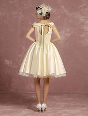 Short Wedding Dresses Satin Vintage Princess Bridal Dress Knee Length Sleeveless Lace Edge Pleated Bridal Gown With Ribbon Bow Exclusive