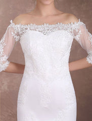 Short Wedding Dresses Sheath Lace Bridal Dress Ivory Off The Shoulder Half Sleeve Illusion Knee Length Column Wedding Reception Dress Exclusive