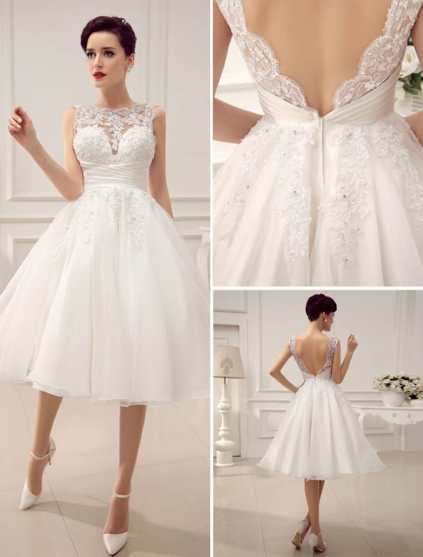 Short Wedding Dresses Vintage 1950'S Bridal Gown Backless Lace Beading Pleated Sequins Illusion Wedding Reception Dress
