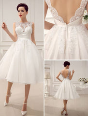 Short Wedding Dresses Vintage 1950'S Bridal Gown Backless Lace Beading Pleated Sequins Illusion Wedding Reception Dress