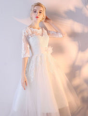 Short Wedding Dresses White Half Sleeve Lace Applique Tea Length Bridal Dress
