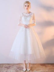 Short Wedding Dresses White Half Sleeve Lace Applique Tea Length Bridal Dress