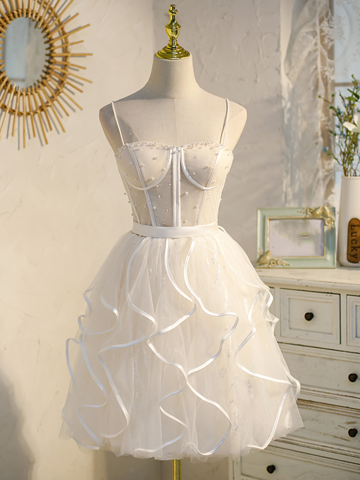 Robes de bal courtes, robes de retour formelles à lacets blancs courts
