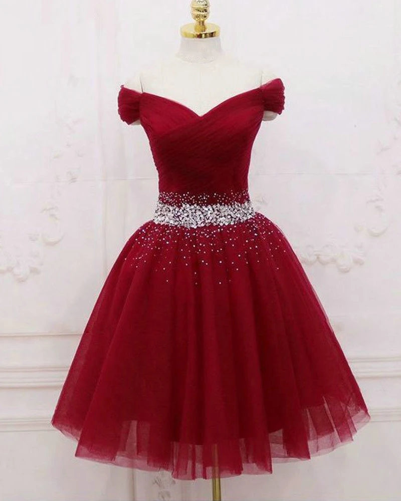 Off the Shoulder Tulle Red Short Prom Dresses Lace Up