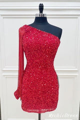 Cheap One Shoulder Short Homecoming Dresses Gold Sequin Hoco Dress