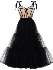 A-Line Cocktail Dresses Party Dress Wedding Guest Cocktail Party Tea Length Sleeveless Sweetheart Wednesday Addams Family Tulle with Pleats Tiered