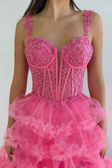Sidonia | Tiered Ruffles Hot Pink Sweetheart Corset Lace-up Prom Dress with Slit