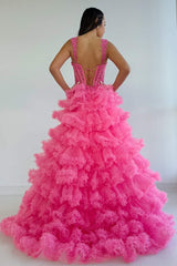 Sidonia | Tiered Ruffles Hot Pink Sweetheart Corset Lace-up Prom Dress with Slit