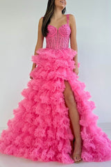 Sidonia | Tiered Ruffles Hot Pink Sweetheart Corset Lace-up Prom Dress with Slit