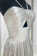 Halter Champagne Metallic Keyhole Pleated A-Line Cocktail Dress