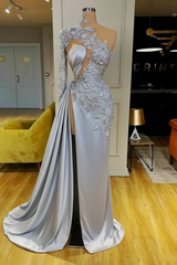 White Mermaid Evening Dress Front Split with Long Sleeves