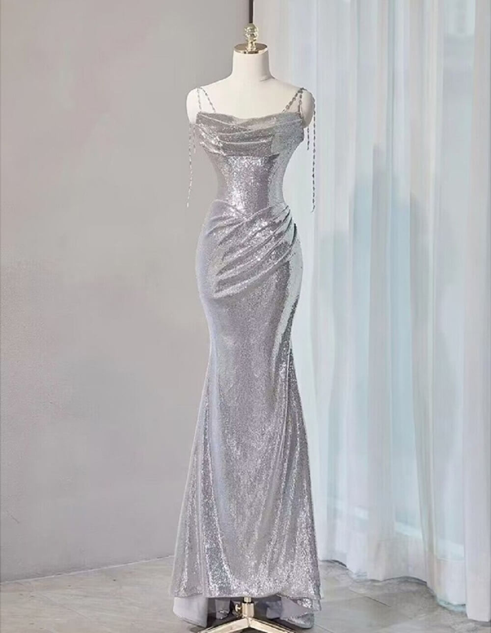 Silver Mermaid Style Prom Dresses Sequin Long Holiday Dress Party