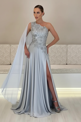 One-Shoulder Sleeveless Chiffon Evening Dresses Long with Side Slit