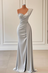 Sage One-Shoulder Split Mermaid Prom Dress With Beadings