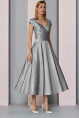 Navy Satin A-Line Mother of the Bride Dress V Neck Tea Length Wedding Guest Dress