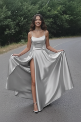 Simple A Line Red Satin Prom Dresses Long with High Slit Formal Graduation Evening Dresses