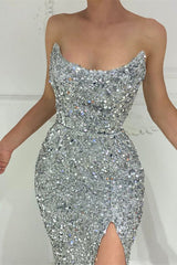 Silver Sequin Split Strapless Mermaid Long Prom Dress - ED501