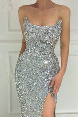 Silver Sequin Split Strapless Mermaid Long Prom Dress - ED501