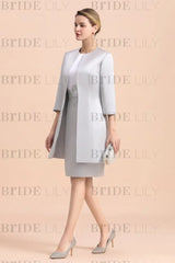 Silver Short Mother Of the Bride Dress Knee-Length Two Pieces Wedding Guest Outfits