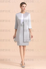 Silver Short Mother Of the Bride Dress Knee-Length Two Pieces Wedding Guest Outfits