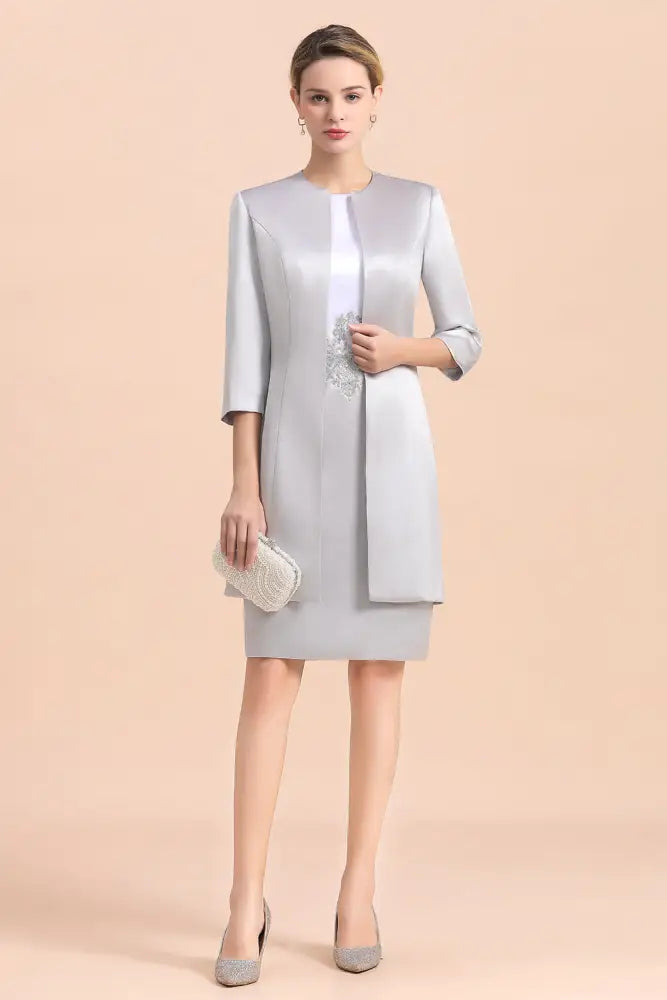 Silver Short Mother Of the Bride Dress Knee-Length Two Pieces Wedding Guest Outfits