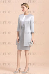 Silver Short Mother Of the Bride Dress Knee-Length Two Pieces Wedding Guest Outfits