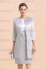 Silver Short Mother Of the Bride Dress Knee-Length Two Pieces Wedding Guest Outfits