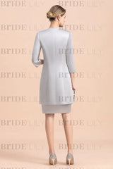 Silver Short Mother Of the Bride Dress Knee-Length Two Pieces Wedding Guest Outfits