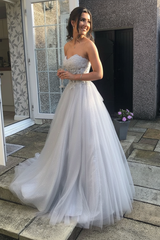 Sweetheart Open Back Pink Lace Long Prom Dresses Tulle Aline Formal Evening Dresses