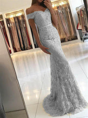 Elegant Off Shoulder Mermaid Lace Prom Dress, Lace Mermaid Formal Dress, Silver Grey Evening Dress, Lace Bridesmaid Dress