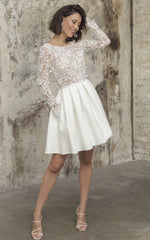 Simple A Line Short Knee-length Satin Lace Bateau Long Sleeve Wedding Dress