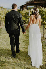 Beach A-line Simple Spaghetti Straps Chiffon Wedding Dresses with Lace