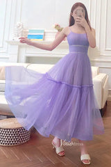 Simple A-line Tea Length Tulle Prom Dress Spaghetti Strap FD1816