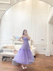 Simple A-line Tea Length Tulle Prom Dress Spaghetti Strap FD1816