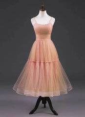 Simple A-line Tea Length Tulle Prom Dress Spaghetti Strap FD1816