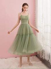 Simple A-line Tea Length Tulle Prom Dress Spaghetti Strap FD1816