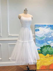 Simple A-line Tea Length Tulle Prom Dress Spaghetti Strap FD1816
