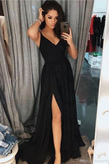 Simple A Line V Neck Prom Dress with Side Slit Black Chiffon Sleeveless Evening Dress