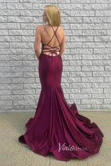 Simple Burgundy Mermaid Prom Dresses Spaghetti Strap Lace-up Back Evening Dress FD3521