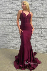 Simple Burgundy Mermaid Prom Dresses Spaghetti Strap Lace-up Back Evening Dress FD3521