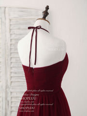 Simple Burgundy Tulle Long Prom Dress, Burgundy Bridesmaid Dress