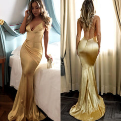 Simple Gold Spaghetti Straps Ruffles Backless Prom Dress