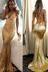 Simple Gold Spaghetti Straps Ruffles Backless Prom Dress