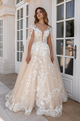 Simple Lace A-Line Wedding Dresses Sweetheart Tulle Appliques Bridal Dress with Cape