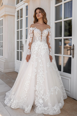 Simple Lace A-Line Wedding Dresses Sweetheart Tulle Appliques Bridal Dress with Cape