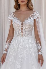 Simple Lace A-Line Wedding Dresses Sweetheart Tulle Appliques Bridal Dress with Cape